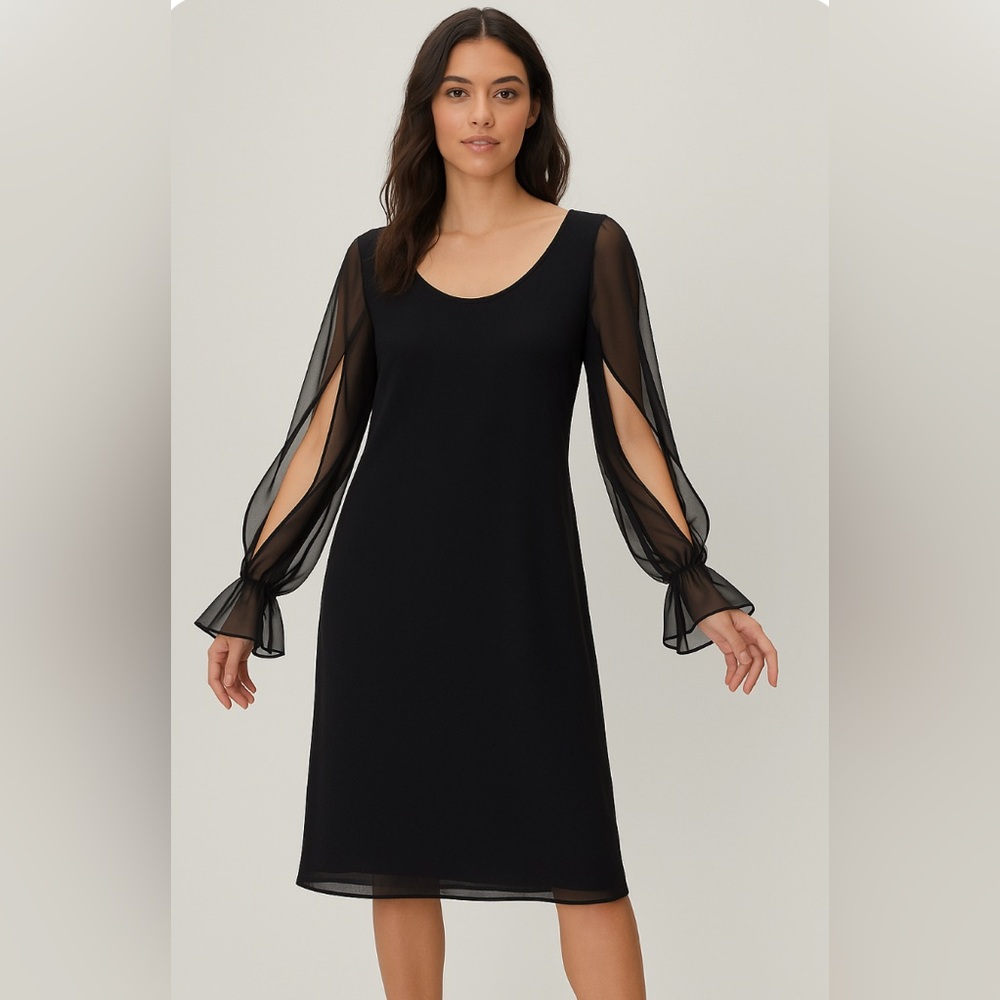 St John Evening by Marie Gray Black Dress w/Sheer Triple Split Flutter Sleeves